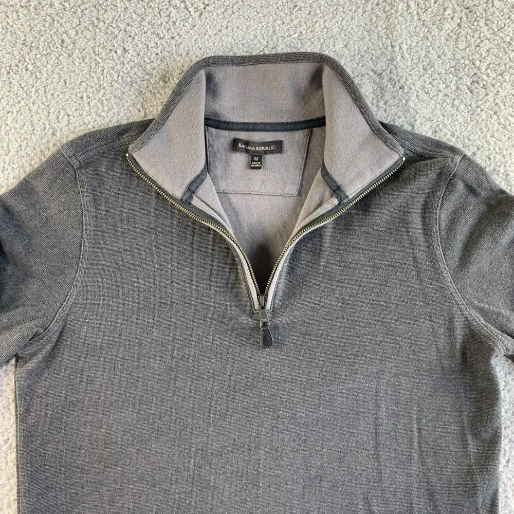 Banana Republic Sweater Mens Medium Gray Birdseye 1 Waffle Knit Pullover 1/4 Zip
